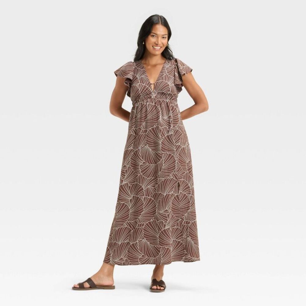 Women's Flutter Short Sleeve Maxi A-Line Dress - A New Day Brown Shell XS